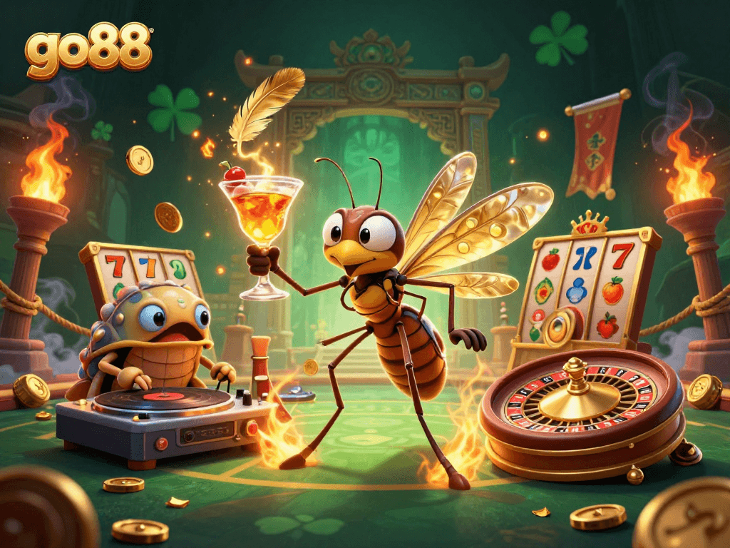 Experience go88's thrilling casino atmosphere featuring a frozen mosquito mascot, trilobite DJ, and golden roulette wheel.