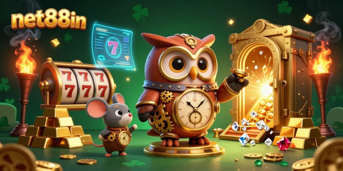 Experience the excitement of net88in with a steampunk owl and dazzling treasure in a vibrant casino setting.