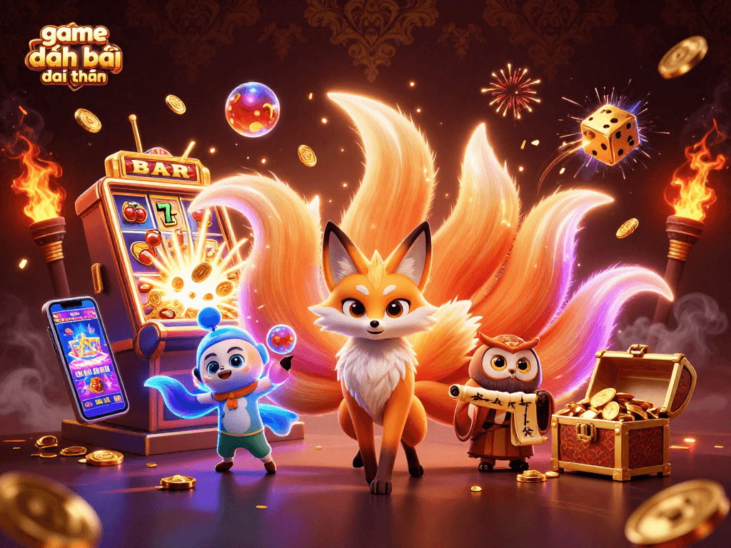 Engage in game đánh bài đổi thưởng with colorful 3D characters and vibrant casino elements.