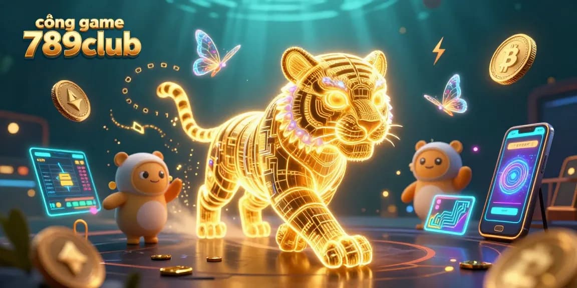 Engage with cổng game 789club in a dazzling 3D illustration of a golden tiger in a digital casino landscape.
