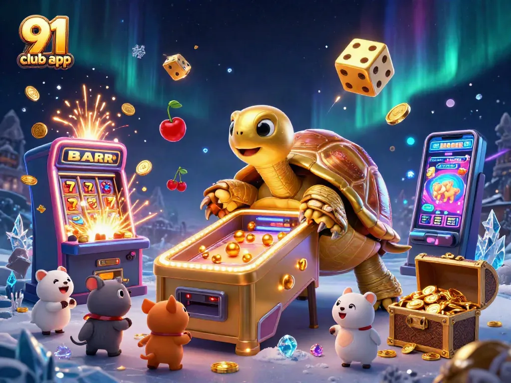 Engage with the 91 club app in a vibrant 3D casino illustration filled with golden treasures and games.
