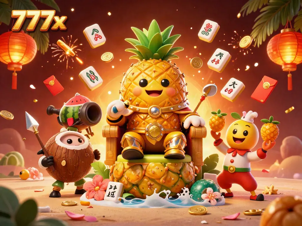 Experience dynamic gameplay at 777x with vibrant casino elements and a golden pineapple king.