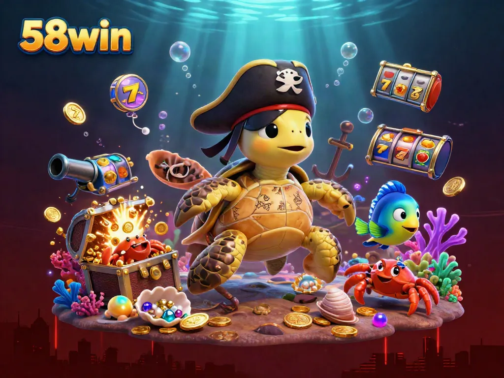Experience the vibrant world of 58win with a colorful underwater casino scene featuring dynamic gaming elements.