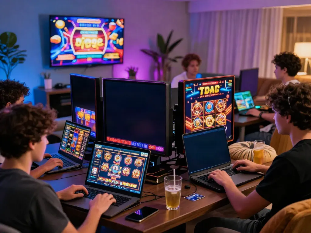 Players engaging with slots that accept credit cards in a vibrant home casino setting with smart devices.