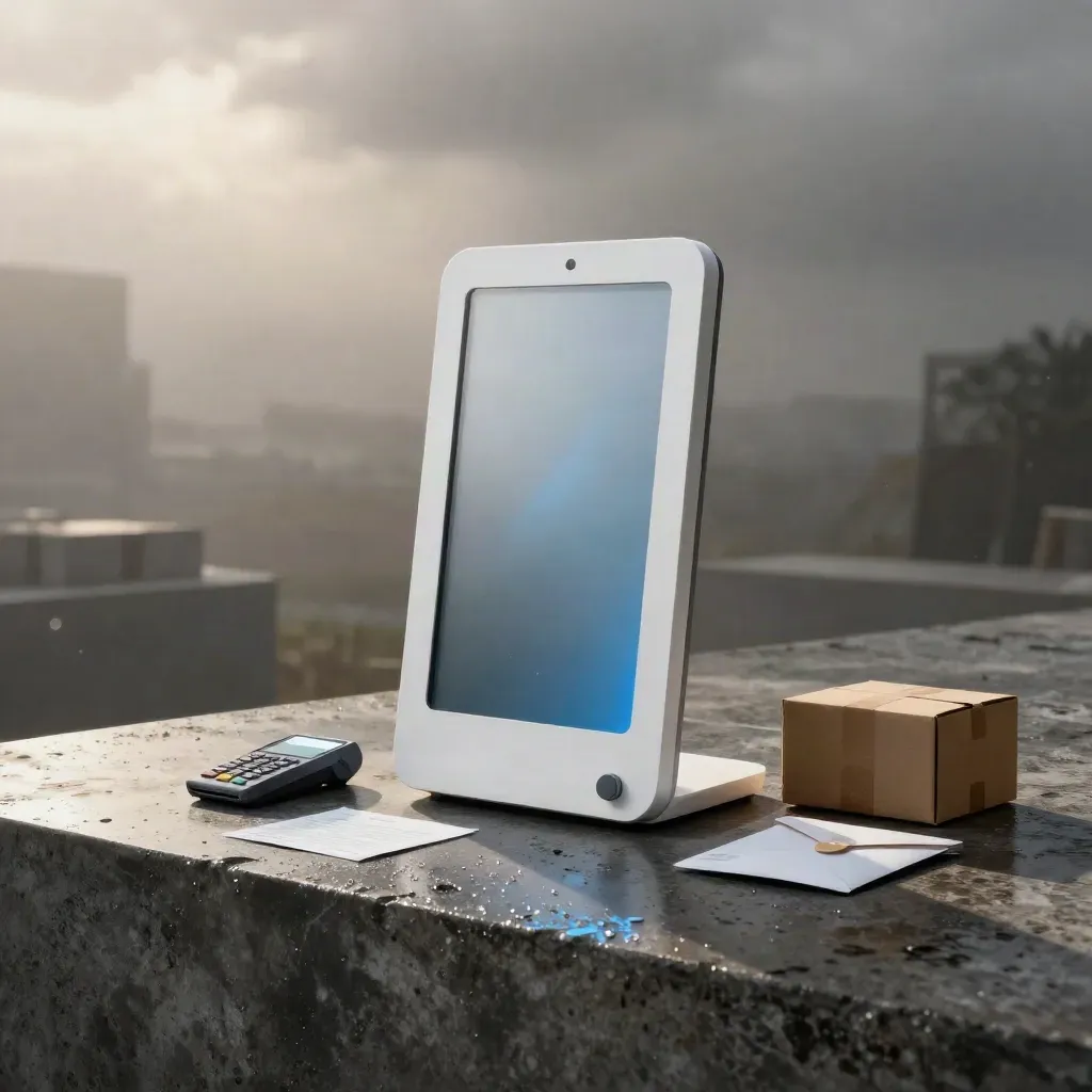 Checkout panel, card, parcel slip and shipping box on wet stone with blue reflections.