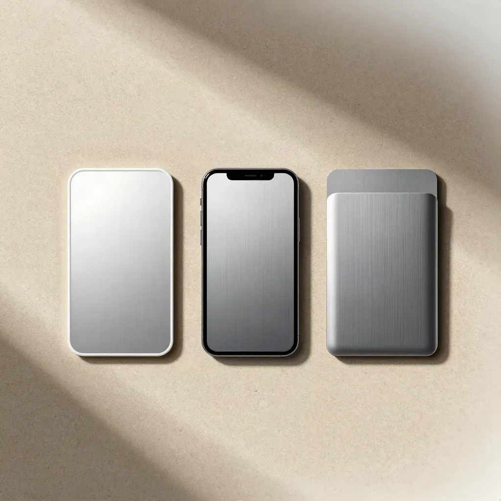 Overhead flatlay of a tap-to-pay token, phone silhouette and card sleeve on warm stone.