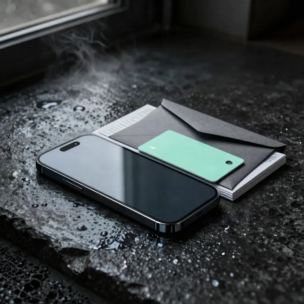 Dark fintech recovery bundle on wet stone with phone slab, link card, sleeve and report tiles.