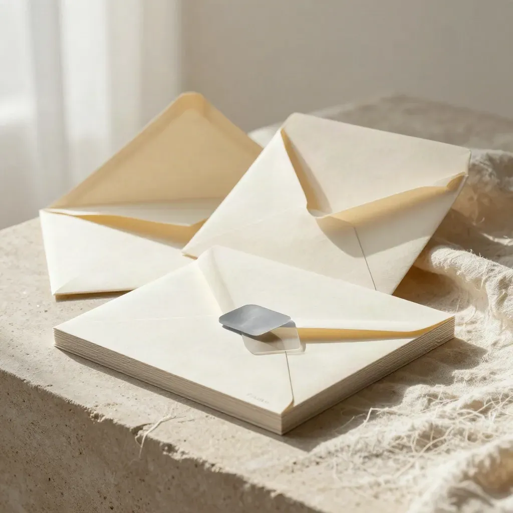 Envelope shells, reminder card and notification tile on cream linen in soft directional light