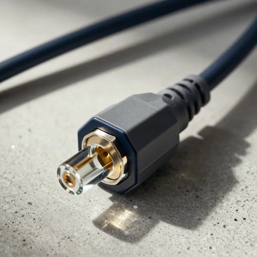 Macro of a connector block, cable loops and a glass plug on pale concrete.