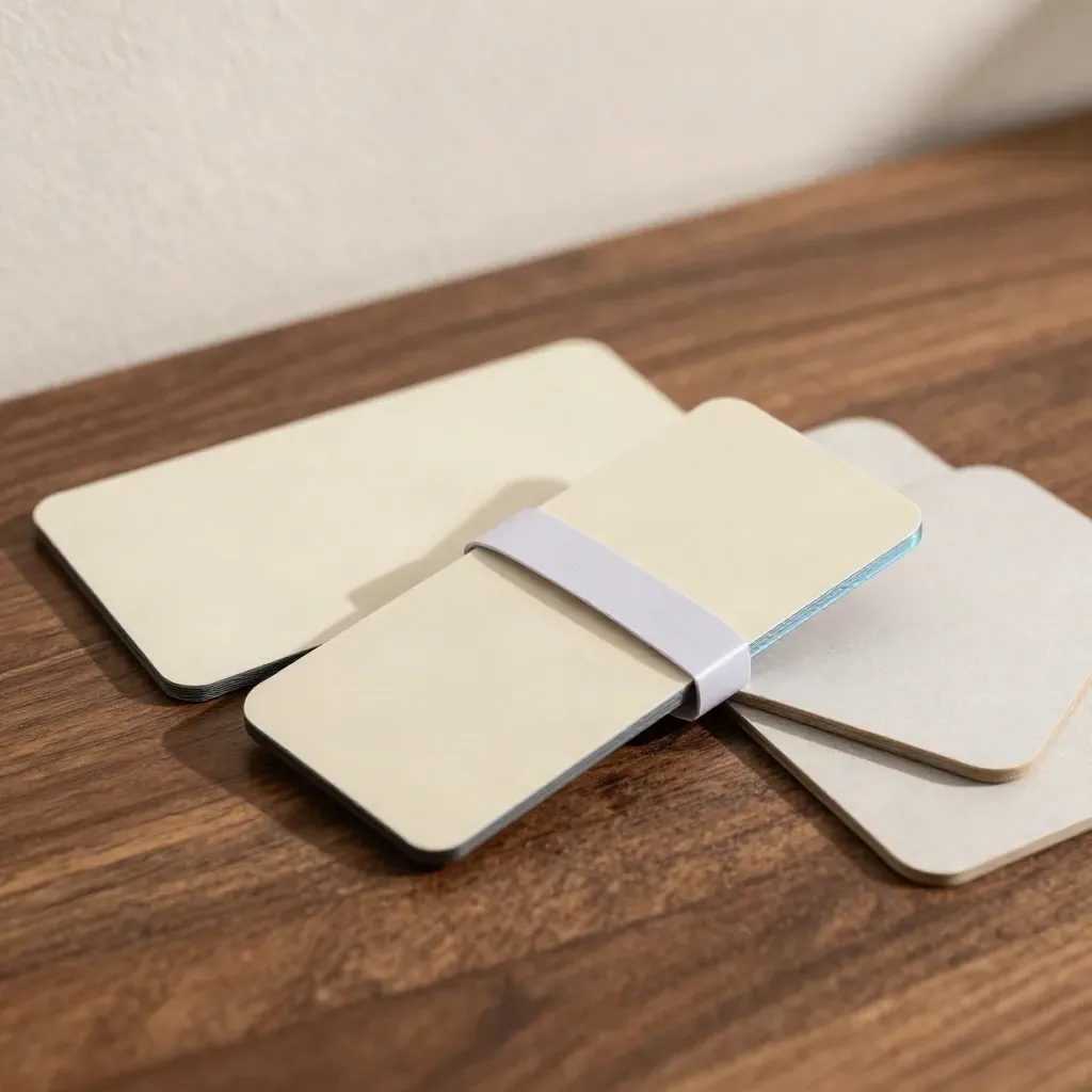 Overhead close-up of a blank payment token with two matching cards on warm walnut.