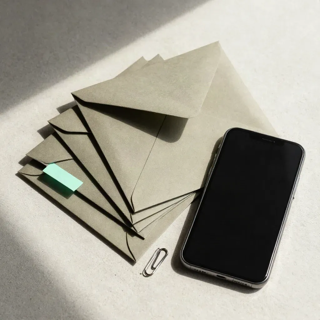 Overhead flatlay of envelope shells, blank phone slab and paper clip on pale stone, mint accent.