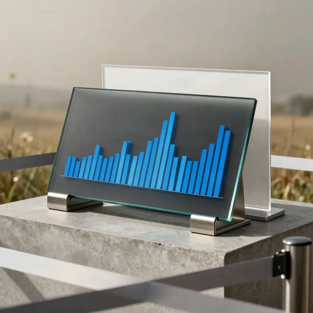 Sculptural dashboard slab with glowing blue bars and brushed metal supports on cool concrete.