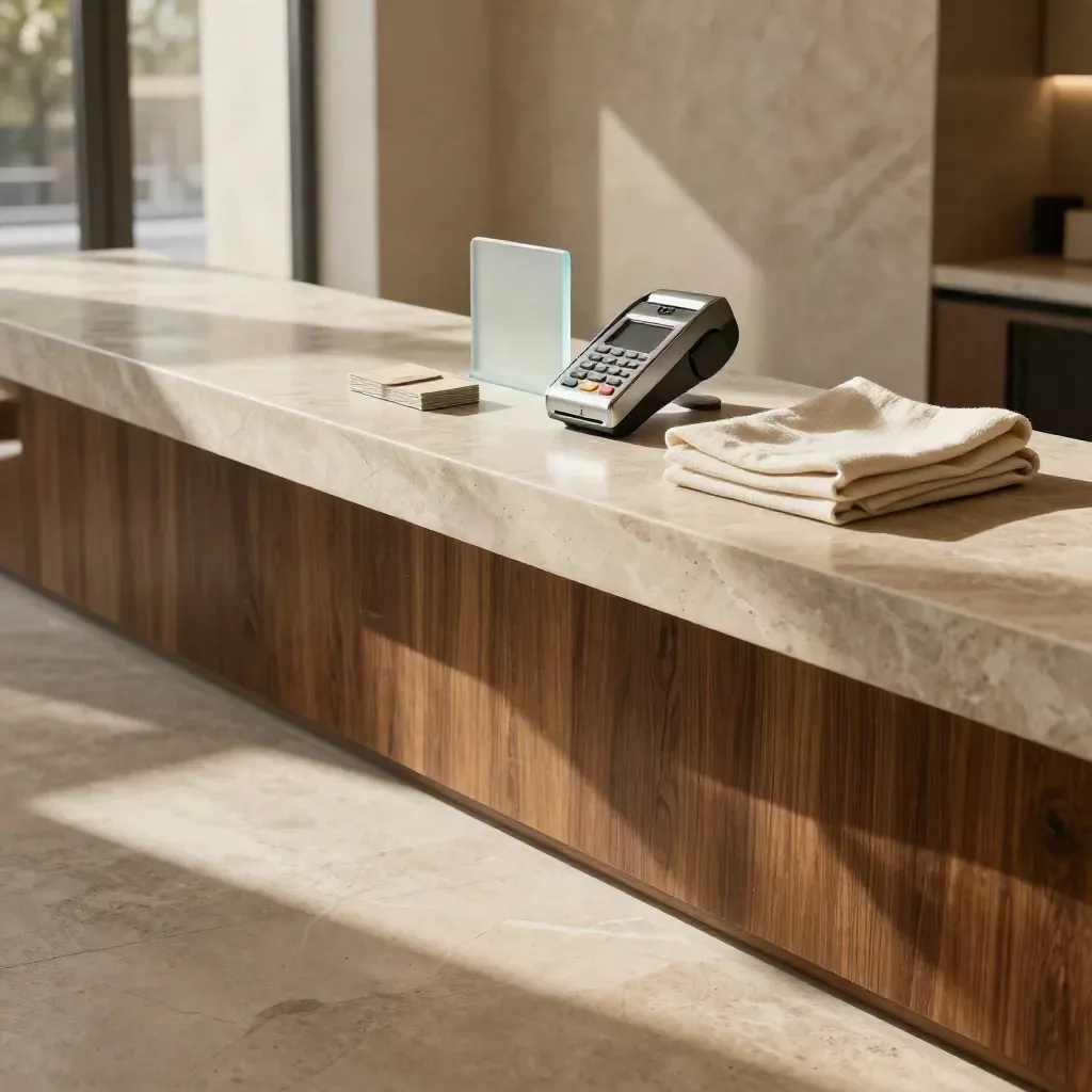 Sunlit marble atrium with checkout terminal, cards and soft morning light