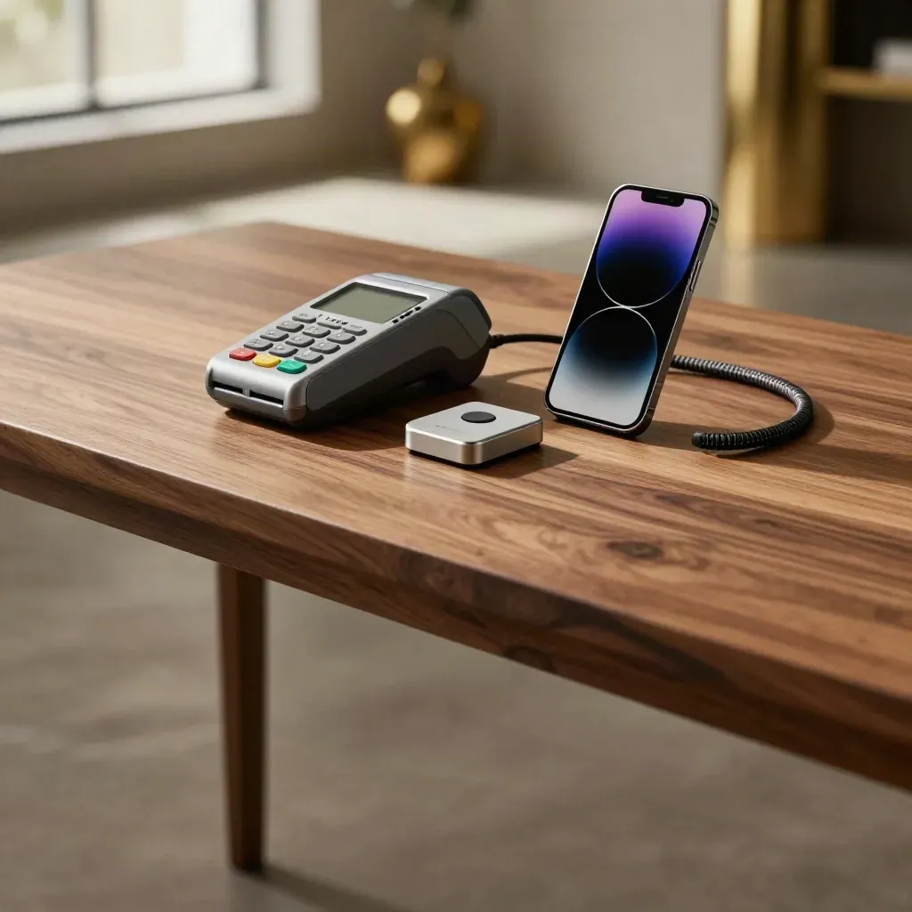 Warm walnut surface with payment terminals and contactless tools in soft skylight.