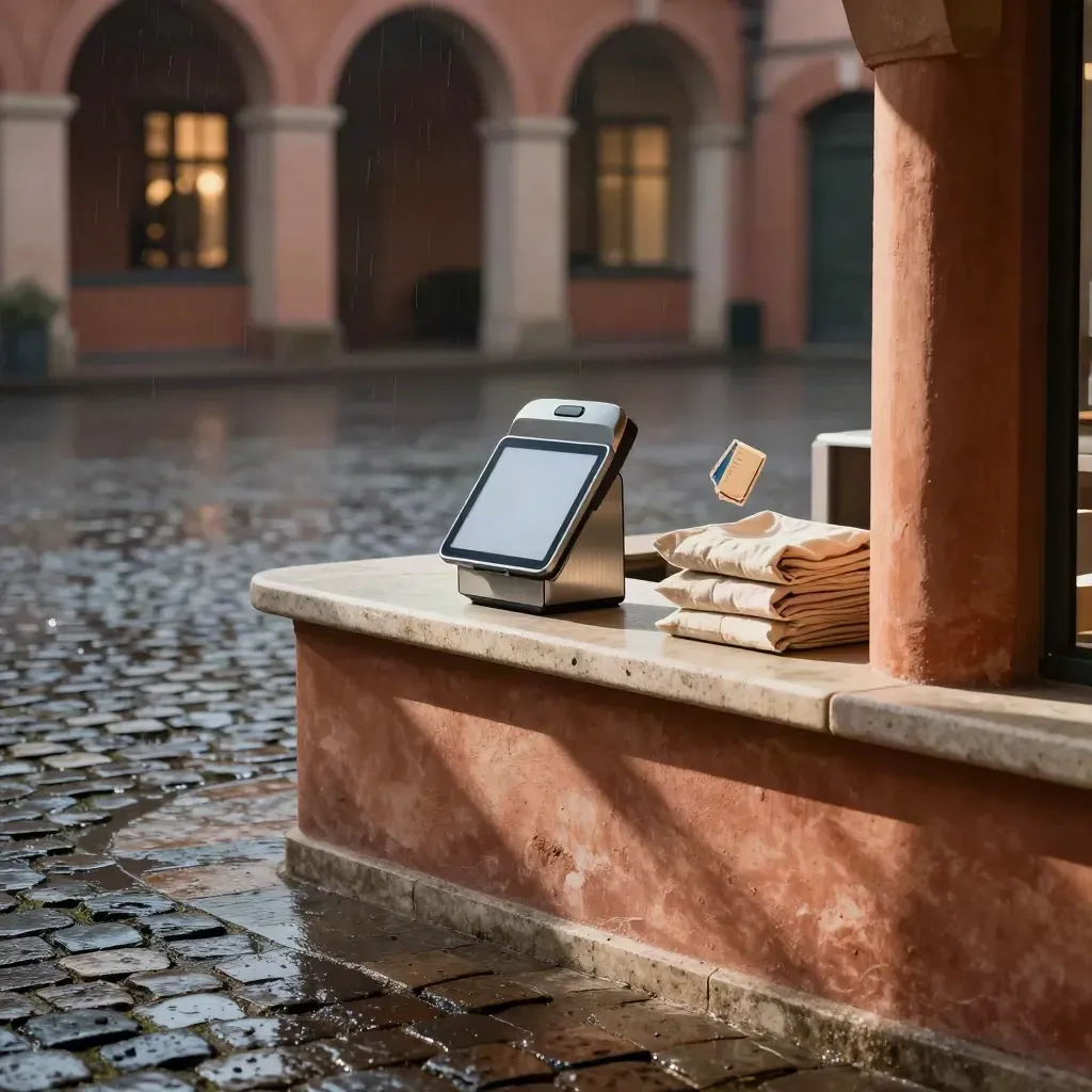 Rainy cobbled courtyard with a small checkout terminal beneath an arch at blue hour.