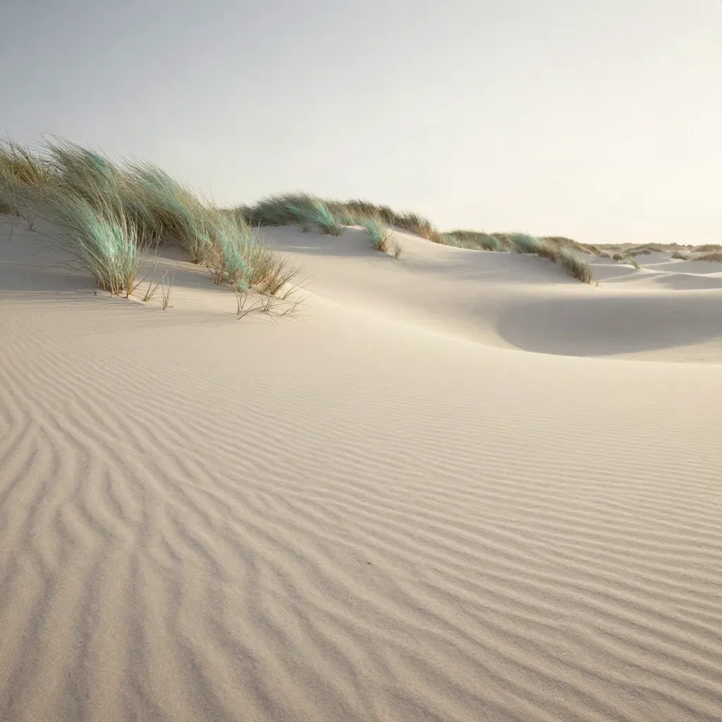 Pale sand ridge with sparse grasses under dawn light, open sky and calm dune foreground.