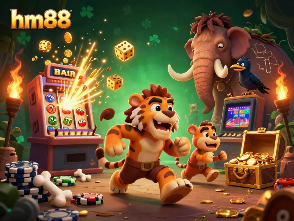Experience thrilling gameplay at hm88 in a vibrant casino scene with caveman duo.