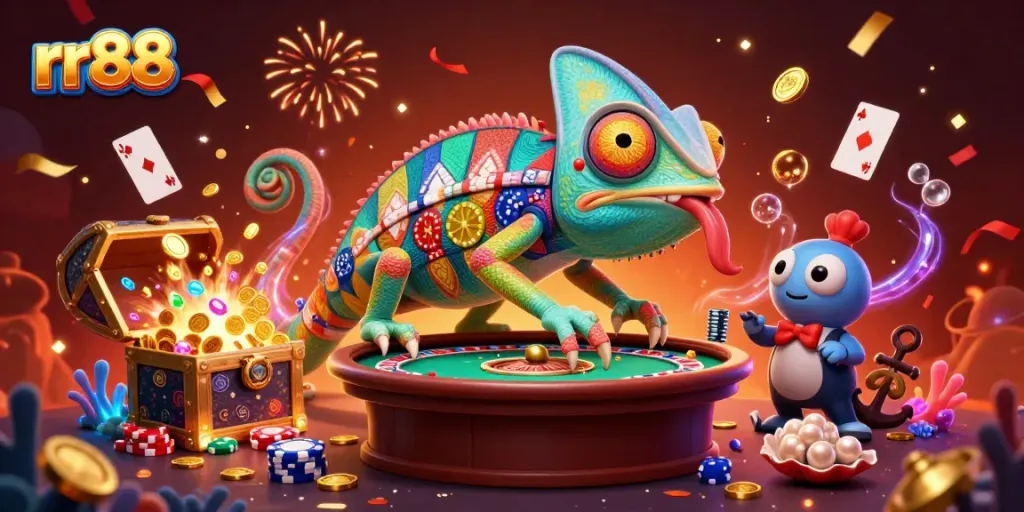 Engage with the colorful rr88 online casino experience featuring the playful chameleon casino owner and exciting gaming elements.