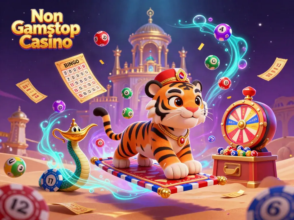 Experience the excitement of Non Gamstop Casino with a vibrant 3D illustration featuring a tiger sultan on a flying carpet.