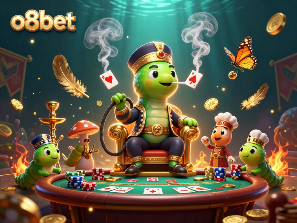 Play poker with o8bet's vibrant gaming scene featuring a towering caterpillar and casino elements.