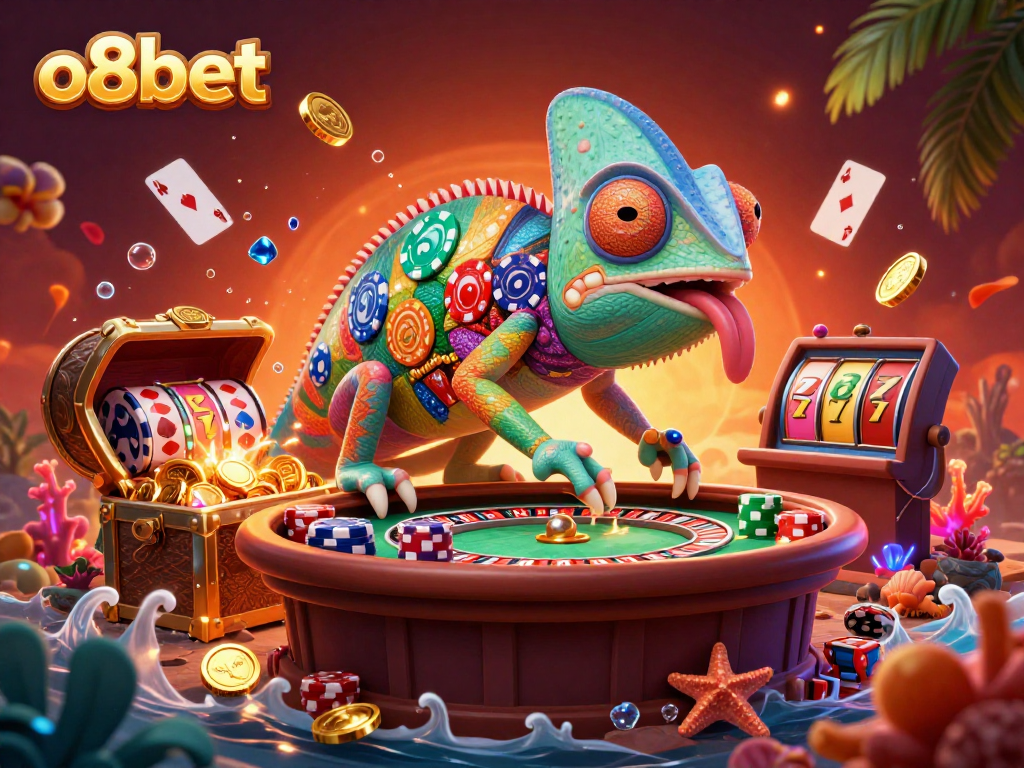 Experience thrilling gaming at o8bet with vibrant 3D illustration highlighting diverse casino elements.