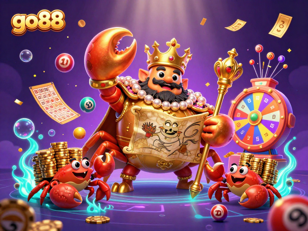 Experience the excitement of go88 with vibrant lottery elements and a majestic golden crab emperor.