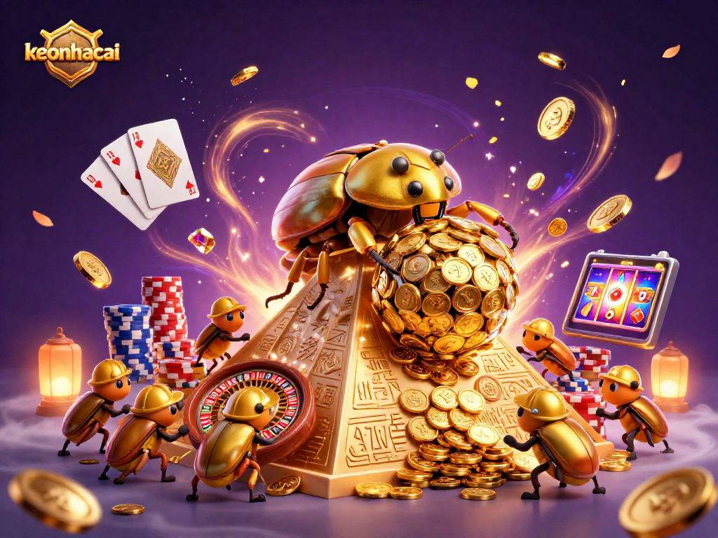 Experience the excitement at keonhacai with golden beetles rolling coins in a vibrant casino scene.
