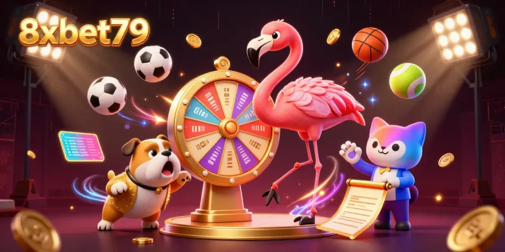 Experience the excitement of gambling with 8xbet79 in a festive casino scene with dynamic characters and games.