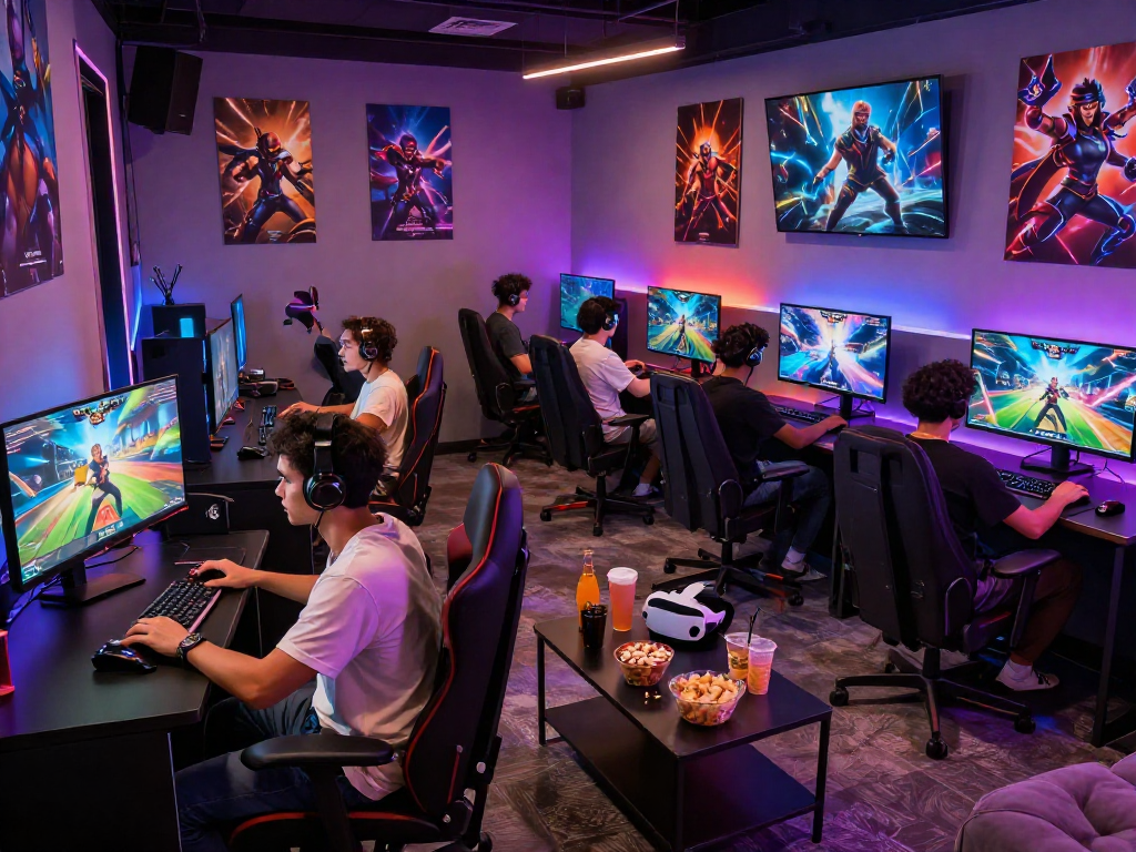 Engaged players enjoying immersive porn games in a vibrant gaming lounge.