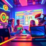 Showcase gamification tools in an energetic gaming environment with avatars celebrating achievements.