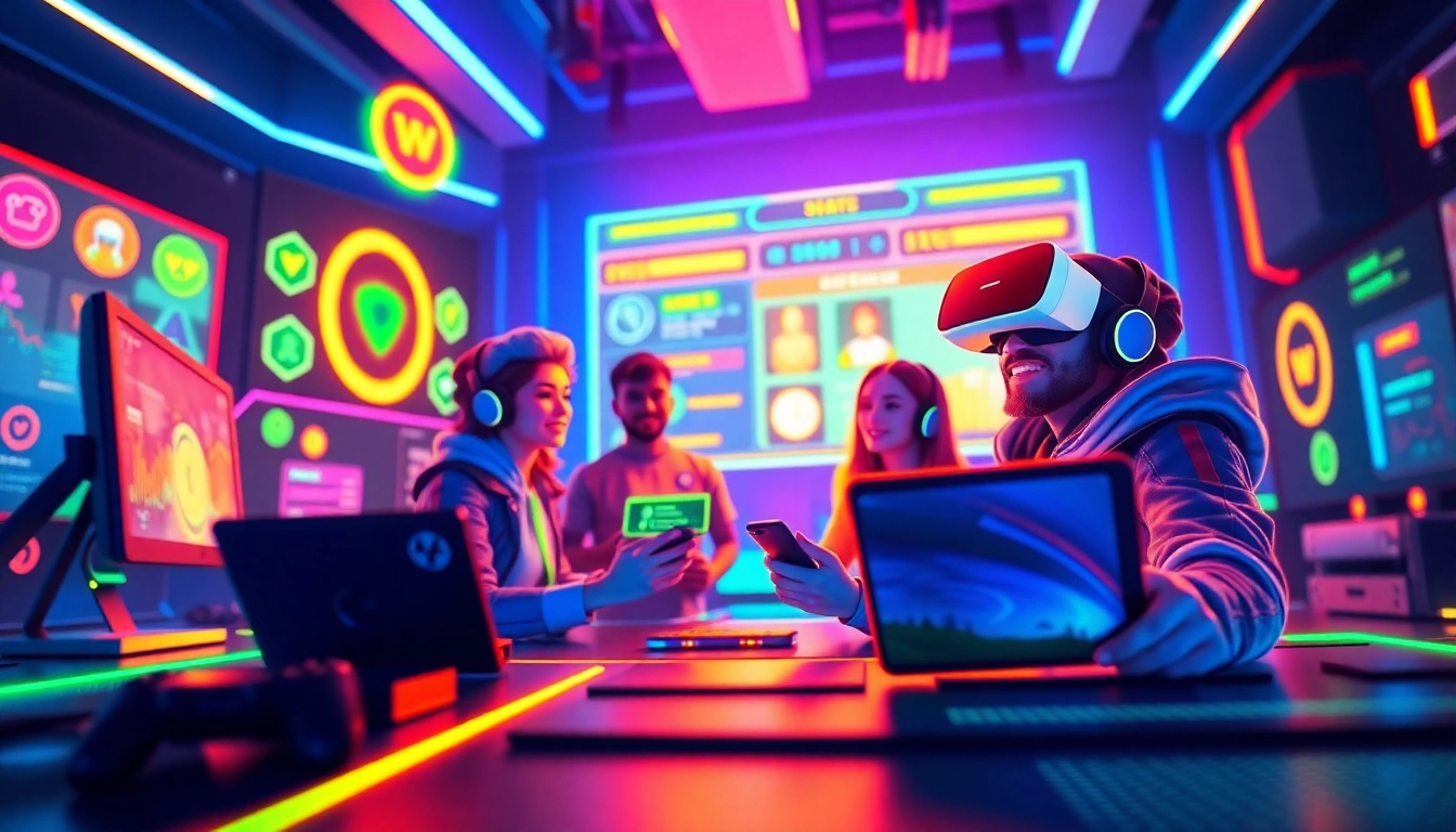 Showcase gamification tools in an energetic gaming environment with avatars celebrating achievements.