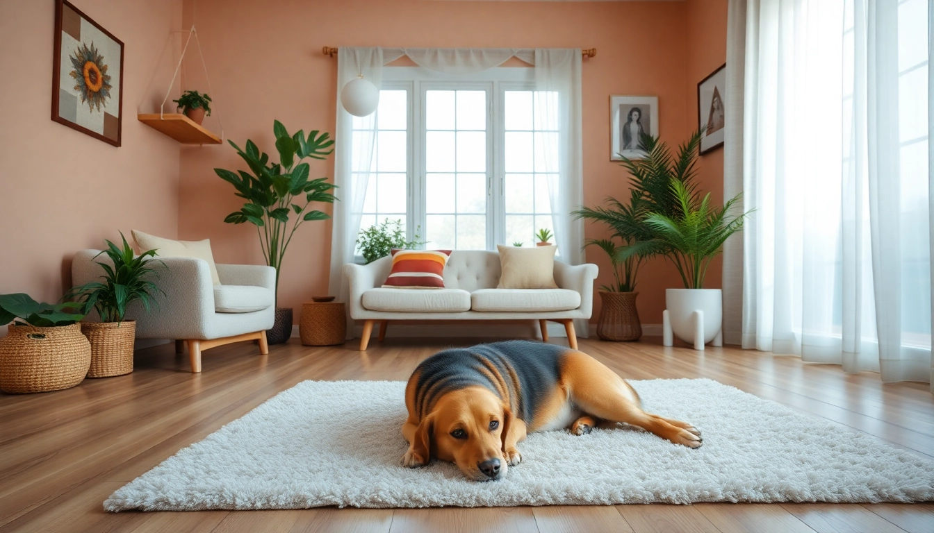 Engaging therapy room designed for depression treatment, featuring a therapy dog and soothing décor.