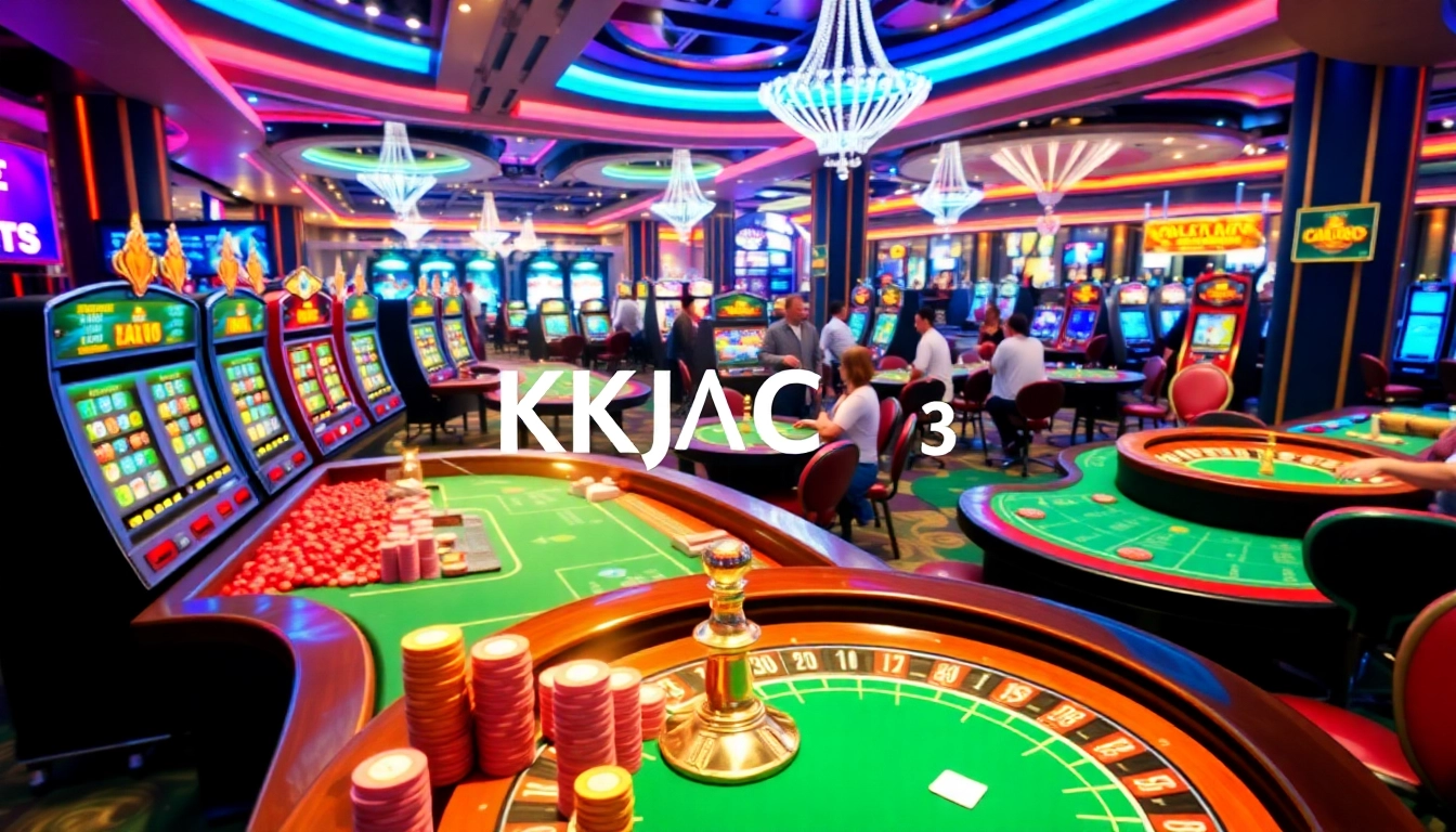 Exciting gambling scene at KJC AC 3 featuring poker, roulette, and slot machines.