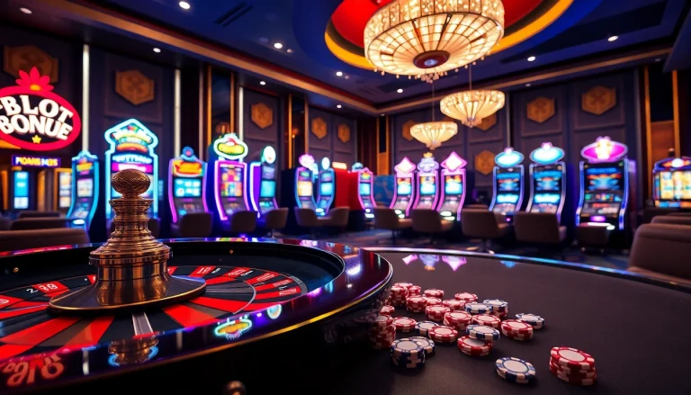 Experience excitement with Slot Terpercaya at a luxurious casino featuring vibrant slot machines and poker chips.