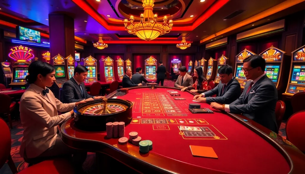 Experience thrilling gaming action at rr88com with poker chips and roulette wheels in a luxurious casino setting.