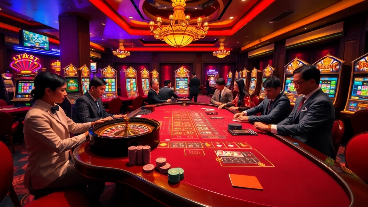 Experience thrilling gaming action at rr88com with poker chips and roulette wheels in a luxurious casino setting.