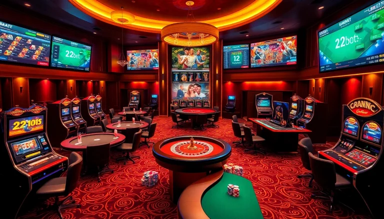 Experience the thrill of gambling at 12bet with players enjoying various games at a vibrant casino.