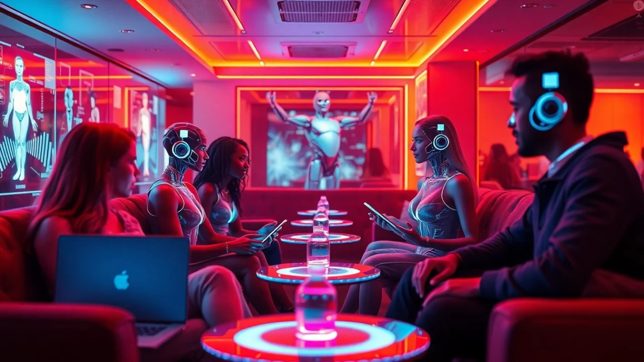 Engaging scene of human-AI interaction in a modern lounge, illustrating the concept of sex ai.