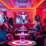 Engaging scene of human-AI interaction in a modern lounge, illustrating the concept of sex ai.
