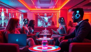 Engaging scene of human-AI interaction in a modern lounge, illustrating the concept of sex ai.