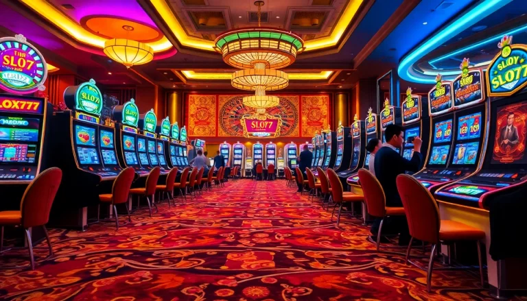 Players excitedly spin Slot777 machines on a luxurious casino floor filled with vibrant colors.