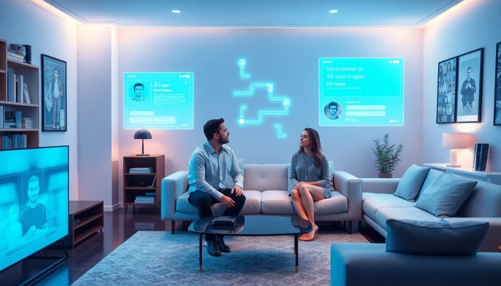 Couple interacting with a sex AI digital assistant in a cozy living room.