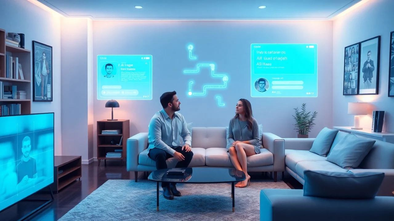 Couple interacting with a sex AI digital assistant in a cozy living room.