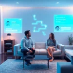 Couple interacting with a sex AI digital assistant in a cozy living room.