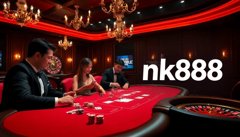 Players engaging in a thrilling game of poker at a luxurious casino with nk88 vibes.