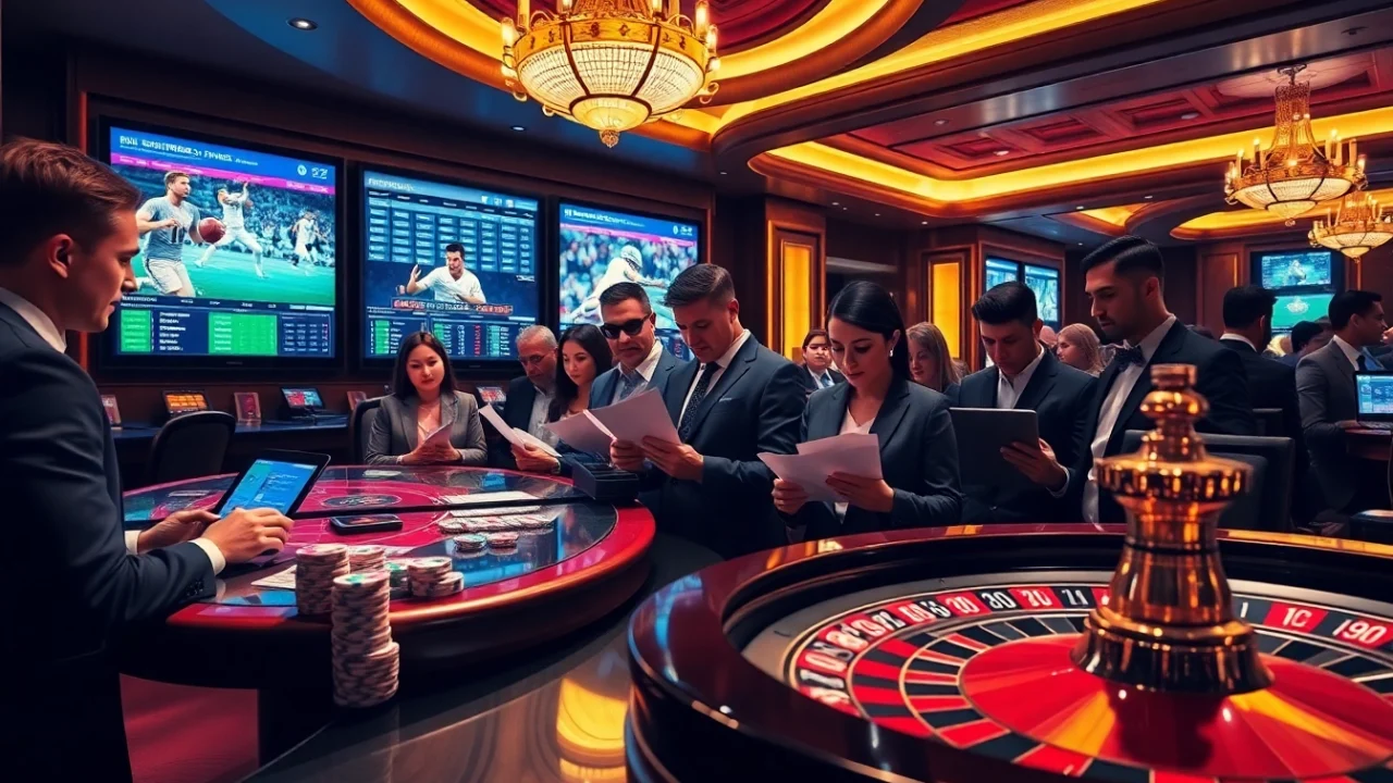 Engaged bettors exploring odds at nhà cái thể thao UU88 in a luxurious casino setting.