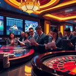 Engaged bettors exploring odds at nhà cái thể thao UU88 in a luxurious casino setting.