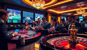 Engaged bettors exploring odds at nhà cái thể thao UU88 in a luxurious casino setting.