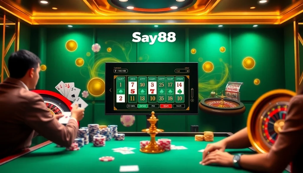 Engaging in exciting online gaming at Say88 with vibrant slot machines and poker chips.