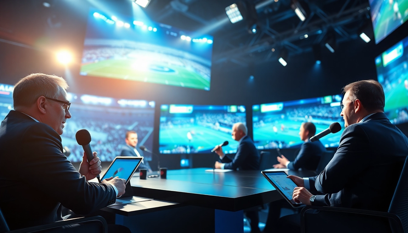 Broadcasters engaged in sports broadcasting with vibrant game highlights and stats in the background.